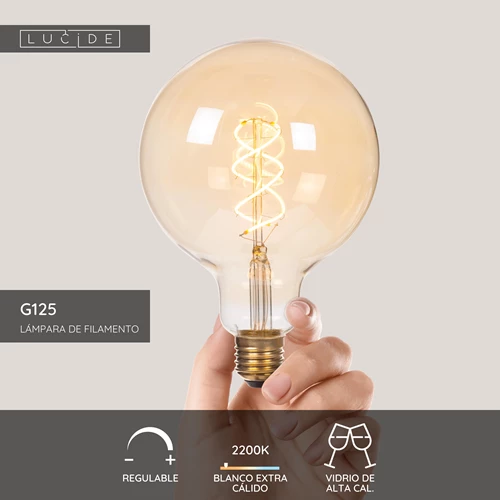 Lucide G125 - Lámpara de filamento - Ø 12,5 cm - LED 3 StepDim (Memoria) - E27 - 1x4,9W 2200K - Ámbar - USP